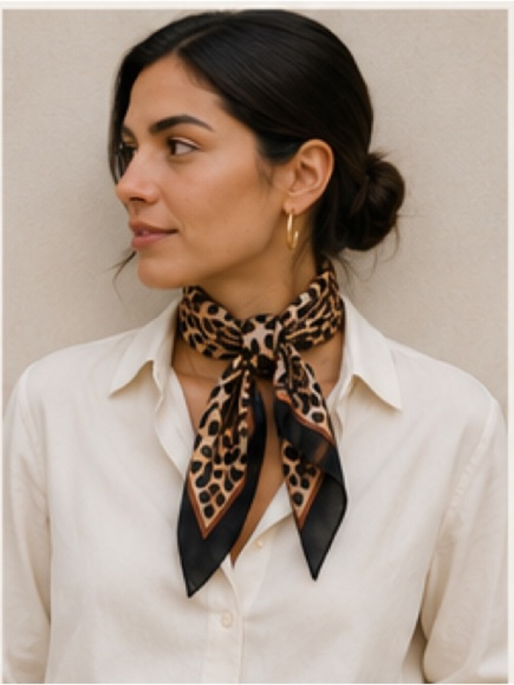 Leopard Print Satin Scarf 26β x 27β Neutral Black & Beige Square Scarf - Picture 4 of 10